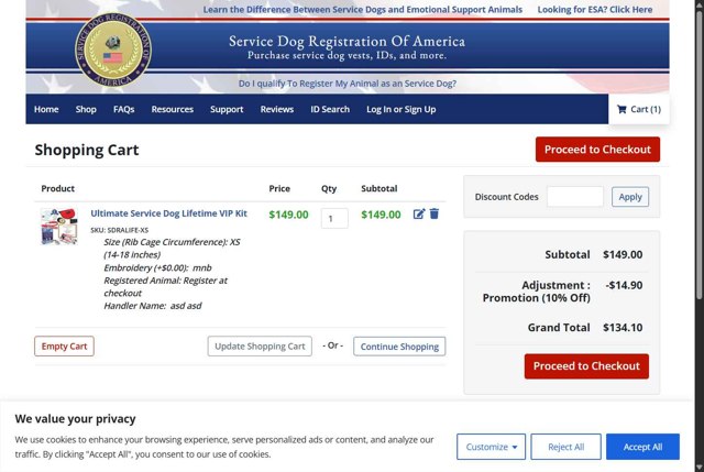 Service Dog Registration Of America checkout page showing Service Dog Registration Of America promo code box | Screenshot taken by SimplyCodes community member on Aug 25, 2025