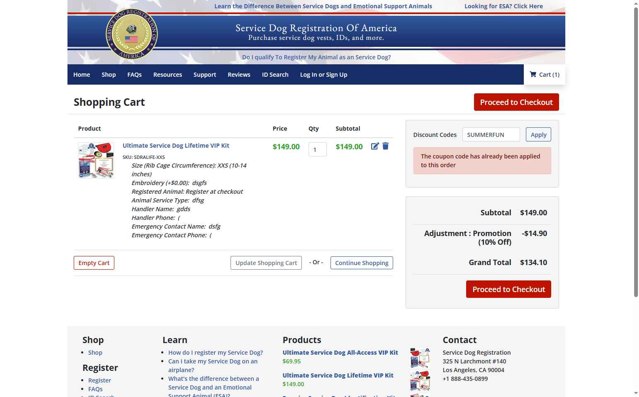 Service Dog Registration Of America checkout page showing Service Dog Registration Of America promo code box | Screenshot taken by SimplyCodes community member on Aug 25, 2025