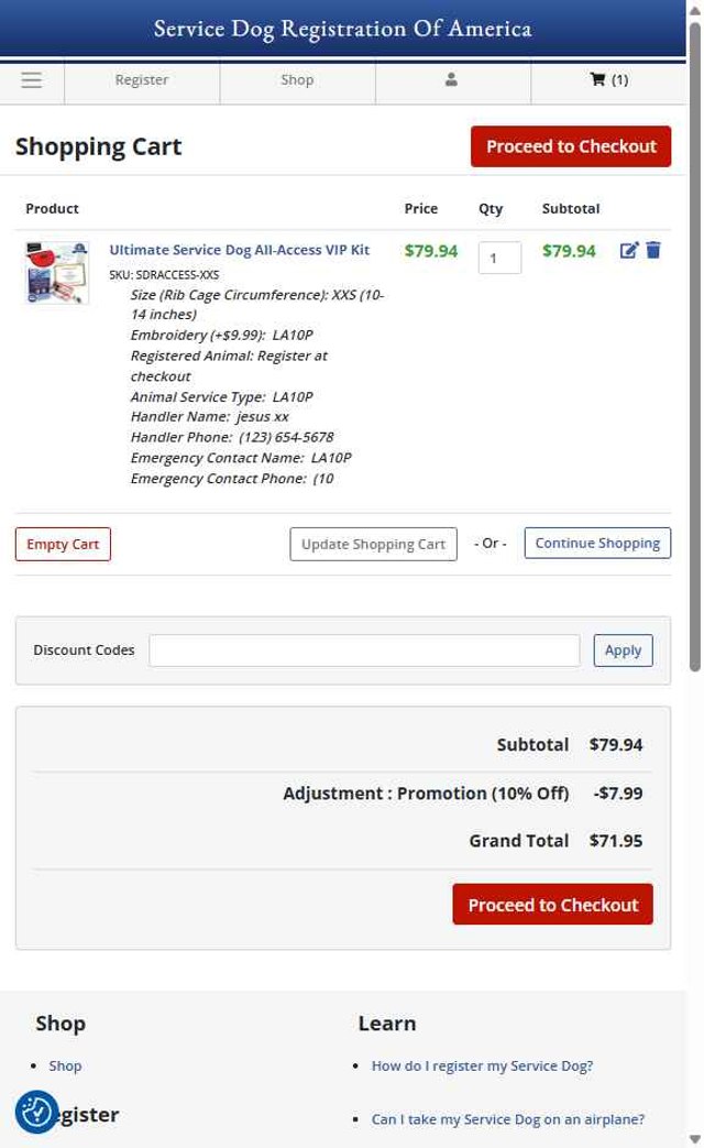 Service Dog Registration Of America checkout page showing Service Dog Registration Of America promo code box | Screenshot taken by SimplyCodes community member on Aug 27, 2025