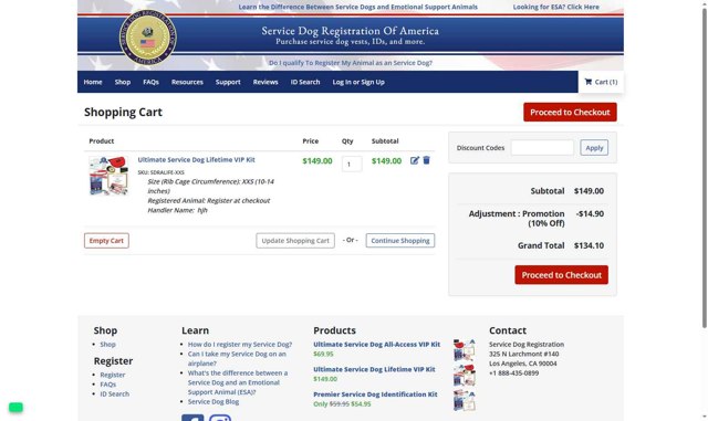 Service Dog Registration Of America checkout page showing Service Dog Registration Of America promo code box | Screenshot taken by SimplyCodes community member on Aug 19, 2025