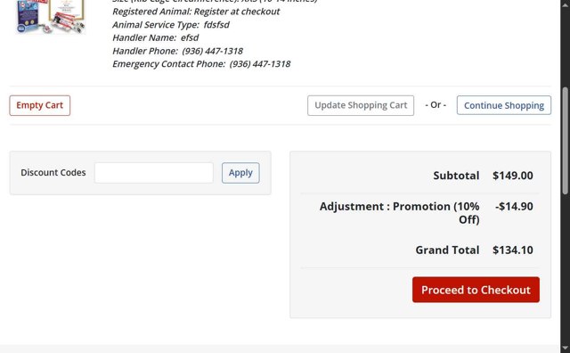 Service Dog Registration Of America checkout page showing Service Dog Registration Of America promo code box | Screenshot taken by SimplyCodes community member on Aug 25, 2025