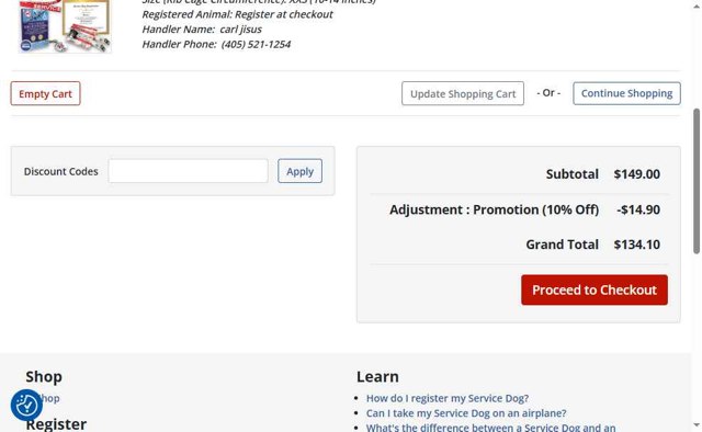 Service Dog Registration Of America checkout page showing Service Dog Registration Of America promo code box | Screenshot taken by SimplyCodes community member on Aug 25, 2025