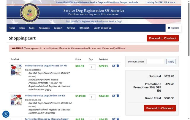 Service Dog Registration Of America checkout page showing Service Dog Registration Of America promo code box | Screenshot taken by SimplyCodes community member on Aug 25, 2025