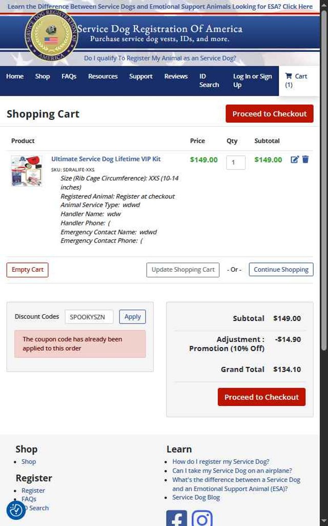 Service Dog Registration Of America checkout page showing Service Dog Registration Of America promo code box | Screenshot taken by SimplyCodes community member on Aug 27, 2025