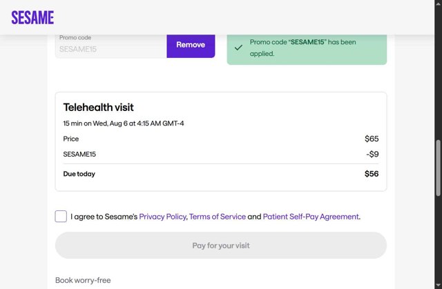 Sesame Care checkout page showing Sesame Care promo code box | Screenshot taken by SimplyCodes community member on Aug 6, 2025
