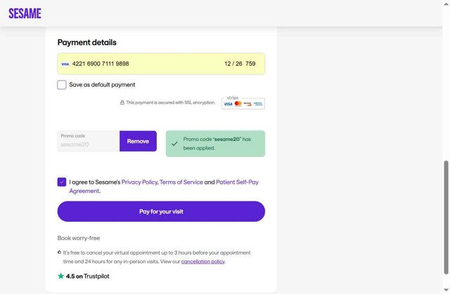 Sesame Care checkout page showing Sesame Care promo code box | Screenshot taken by SimplyCodes community member on Aug 14, 2025