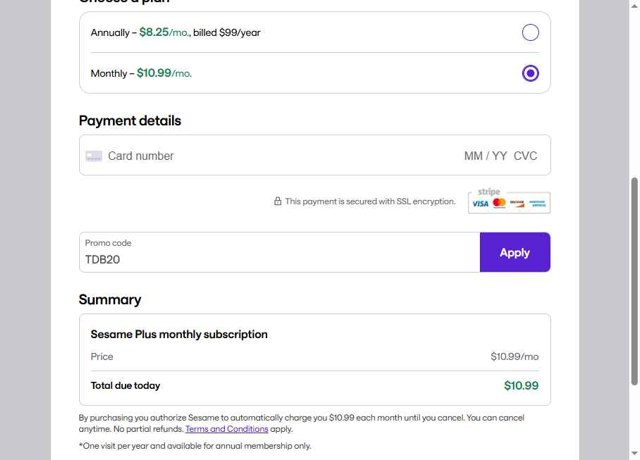Sesame Care checkout page showing Sesame Care promo code box | Screenshot taken by SimplyCodes community member on Aug 6, 2025