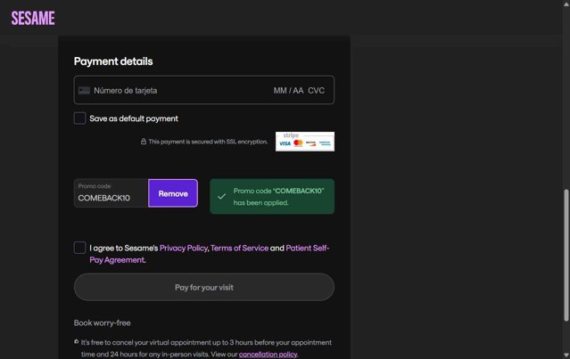 Sesame Care checkout page showing Sesame Care promo code box | Screenshot taken by SimplyCodes community member on Jul 30, 2025