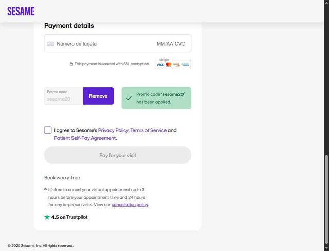 Sesame Care checkout page showing Sesame Care promo code box | Screenshot taken by SimplyCodes community member on Aug 28, 2025