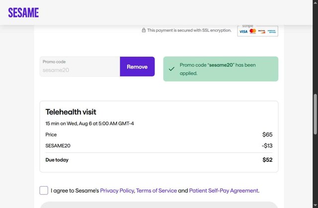Sesame Care checkout page showing Sesame Care promo code box | Screenshot taken by SimplyCodes community member on Aug 6, 2025