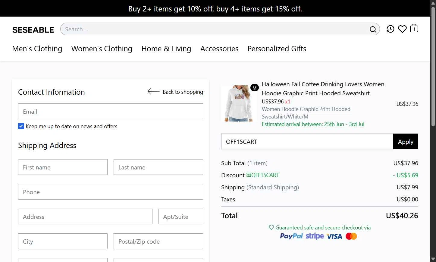 Seseable checkout page showing Seseable discount code box | Screenshot taken by SimplyCodes community member on Jun 20, 2025