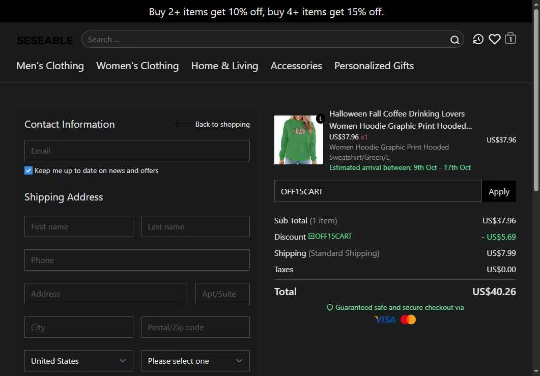 Seseable checkout page showing Seseable discount code box | Screenshot taken by SimplyCodes community member on Oct 5, 2025