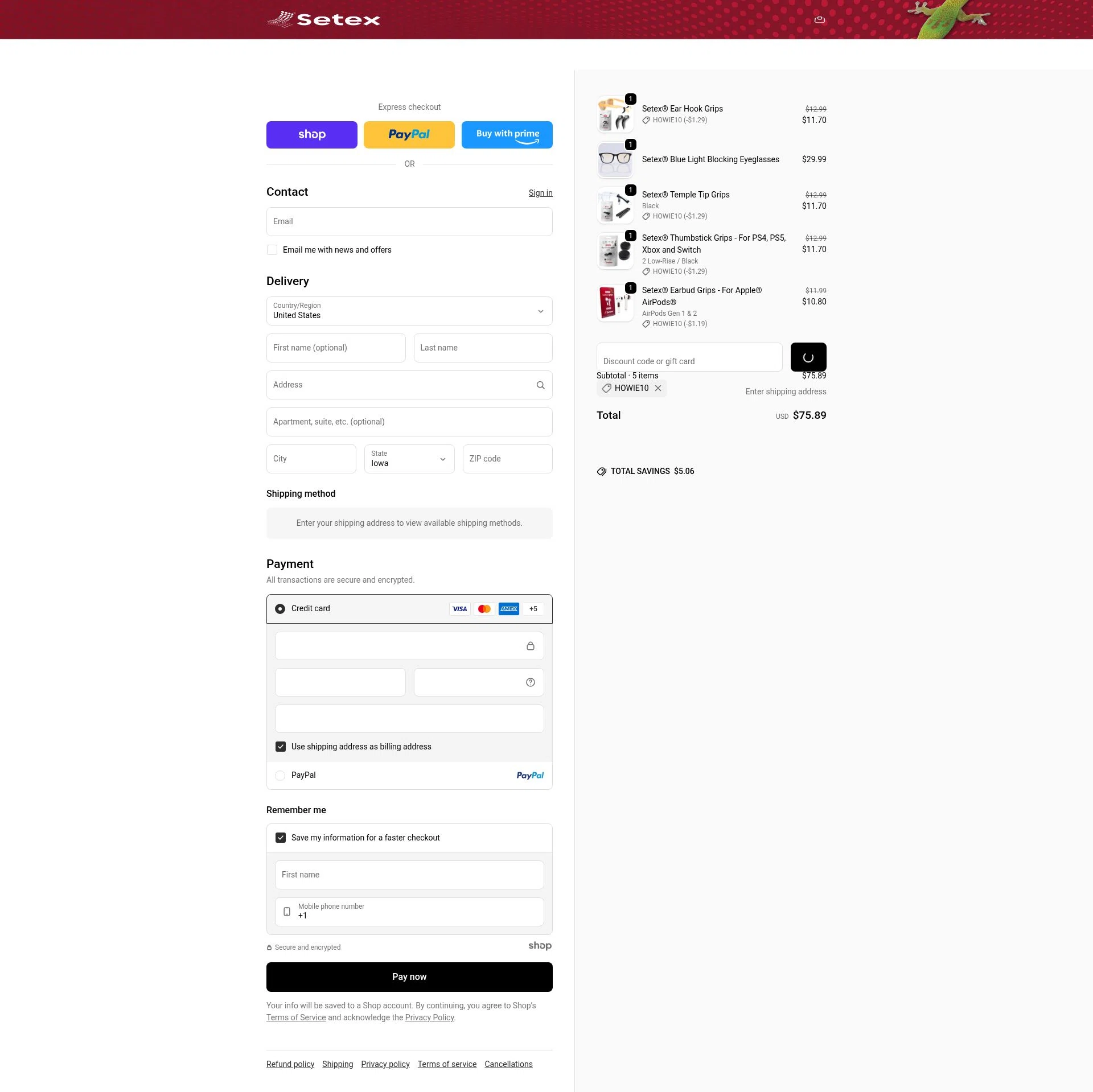 Setex checkout page showing Setex promo code box | Screenshot taken by SimplyCodes community member on Dec 17, 2025
