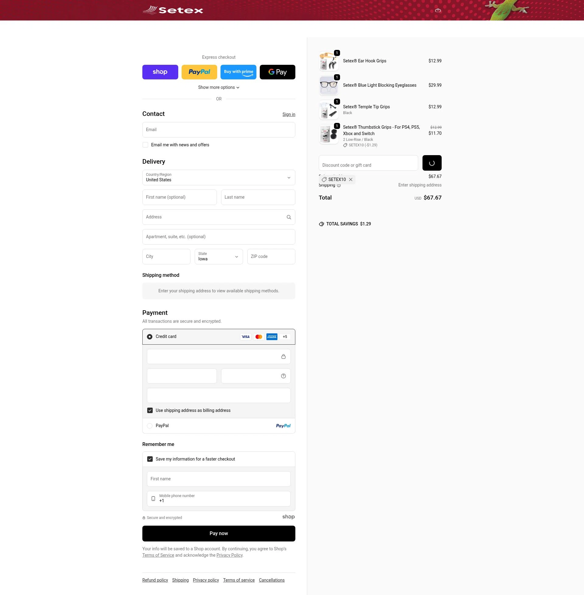 Setex checkout page showing Setex promo code box | Screenshot taken by SimplyCodes community member on Dec 29, 2025