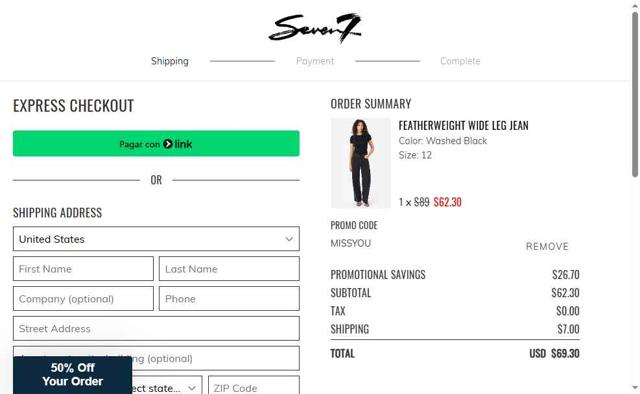 Seven7 Jeans checkout page showing Seven7 Jeans promo code box | Screenshot taken by SimplyCodes community member on May 11, 2025