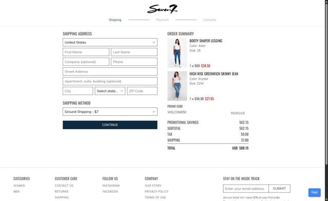 Seven7 Jeans checkout page showing Seven7 Jeans promo code box | Screenshot taken by SimplyCodes community member on Jun 20, 2025