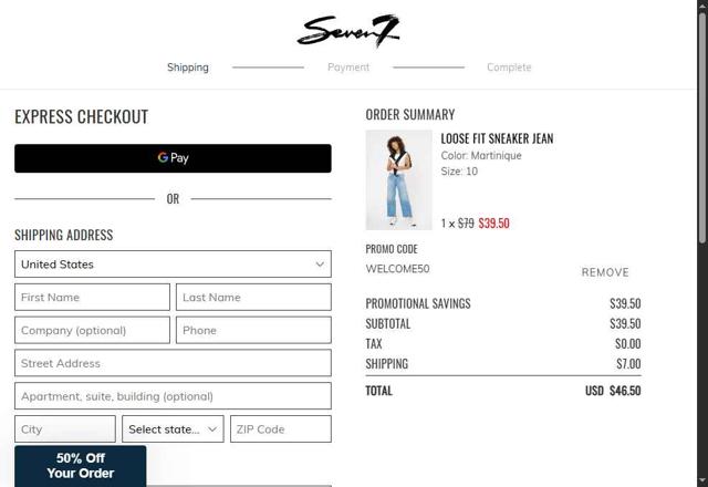 Seven7 Jeans checkout page showing Seven7 Jeans promo code box | Screenshot taken by SimplyCodes community member on Aug 17, 2025
