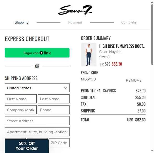 Seven7 Jeans checkout page showing Seven7 Jeans promo code box | Screenshot taken by SimplyCodes community member on May 11, 2025