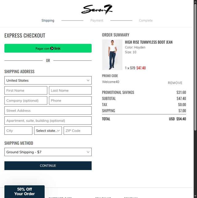 Seven7 Jeans checkout page showing Seven7 Jeans promo code box | Screenshot taken by SimplyCodes community member on May 17, 2025
