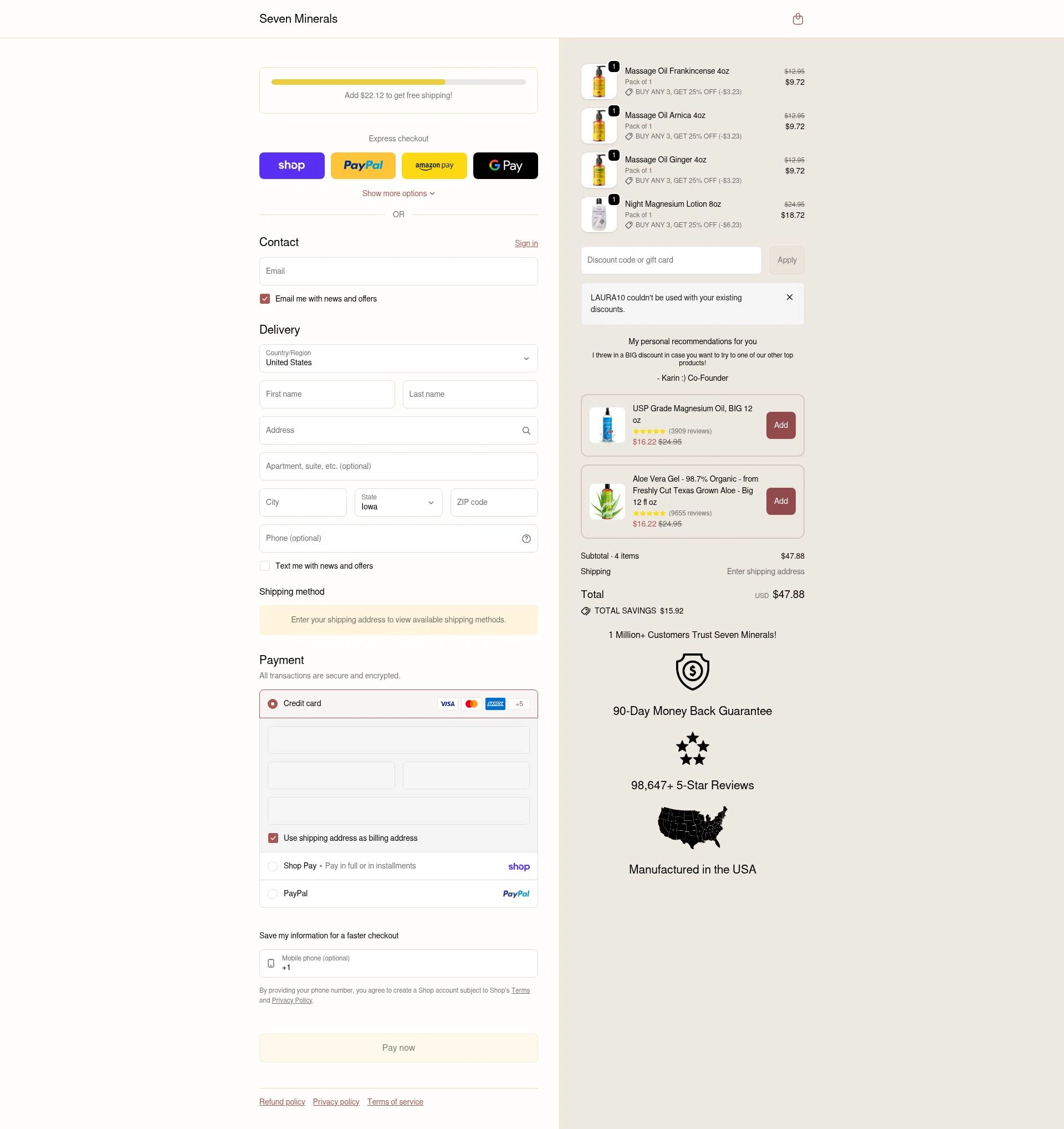 Seven Minerals checkout page showing Seven Minerals discount code box | Screenshot taken by SimplyCodes community member on Feb 4, 2026