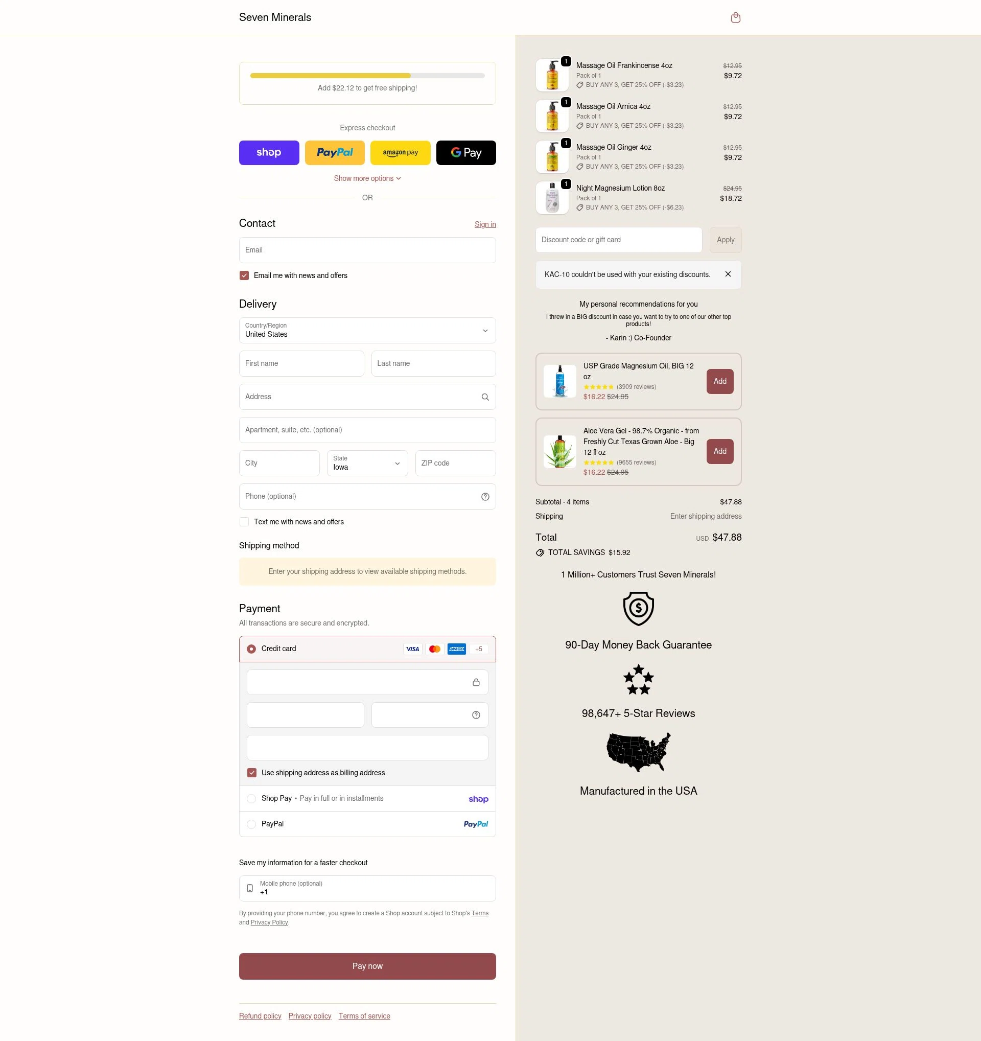 Seven Minerals checkout page showing Seven Minerals discount code box | Screenshot taken by SimplyCodes community member on Feb 4, 2026