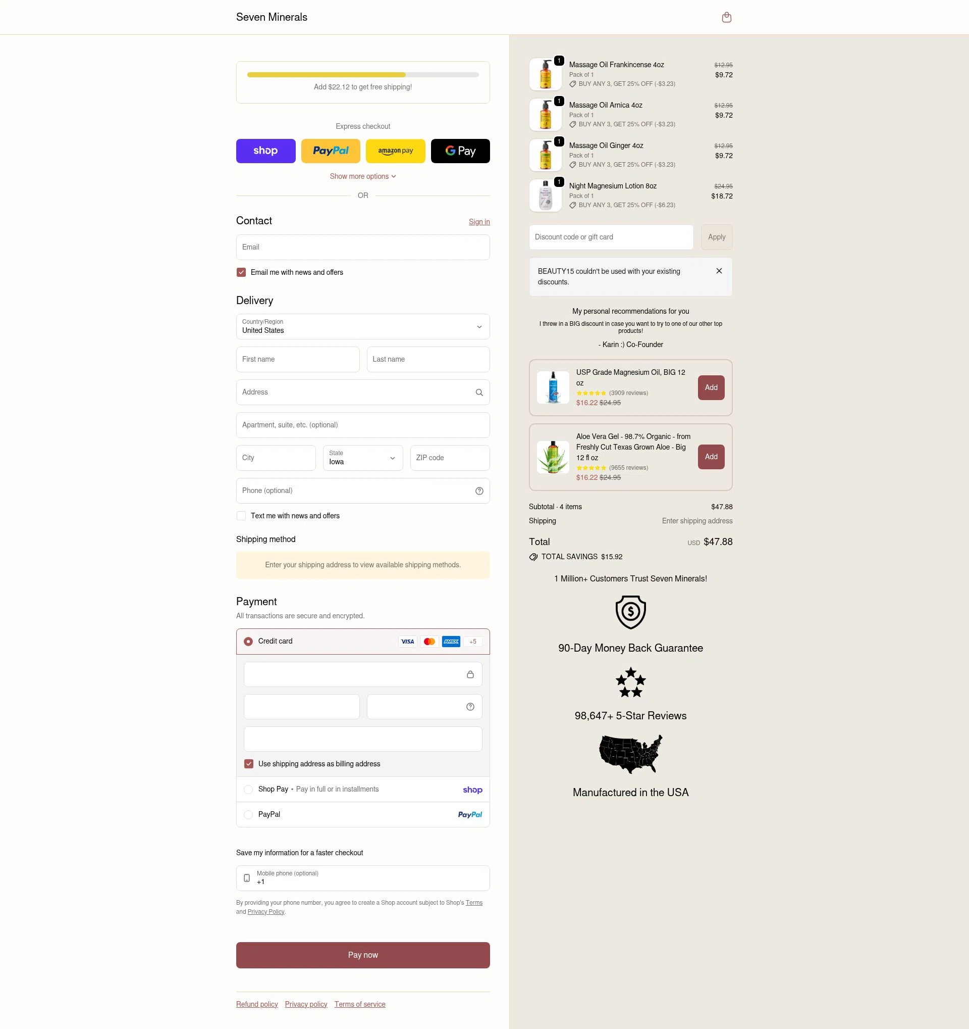 Seven Minerals checkout page showing Seven Minerals discount code box | Screenshot taken by SimplyCodes community member on Feb 4, 2026