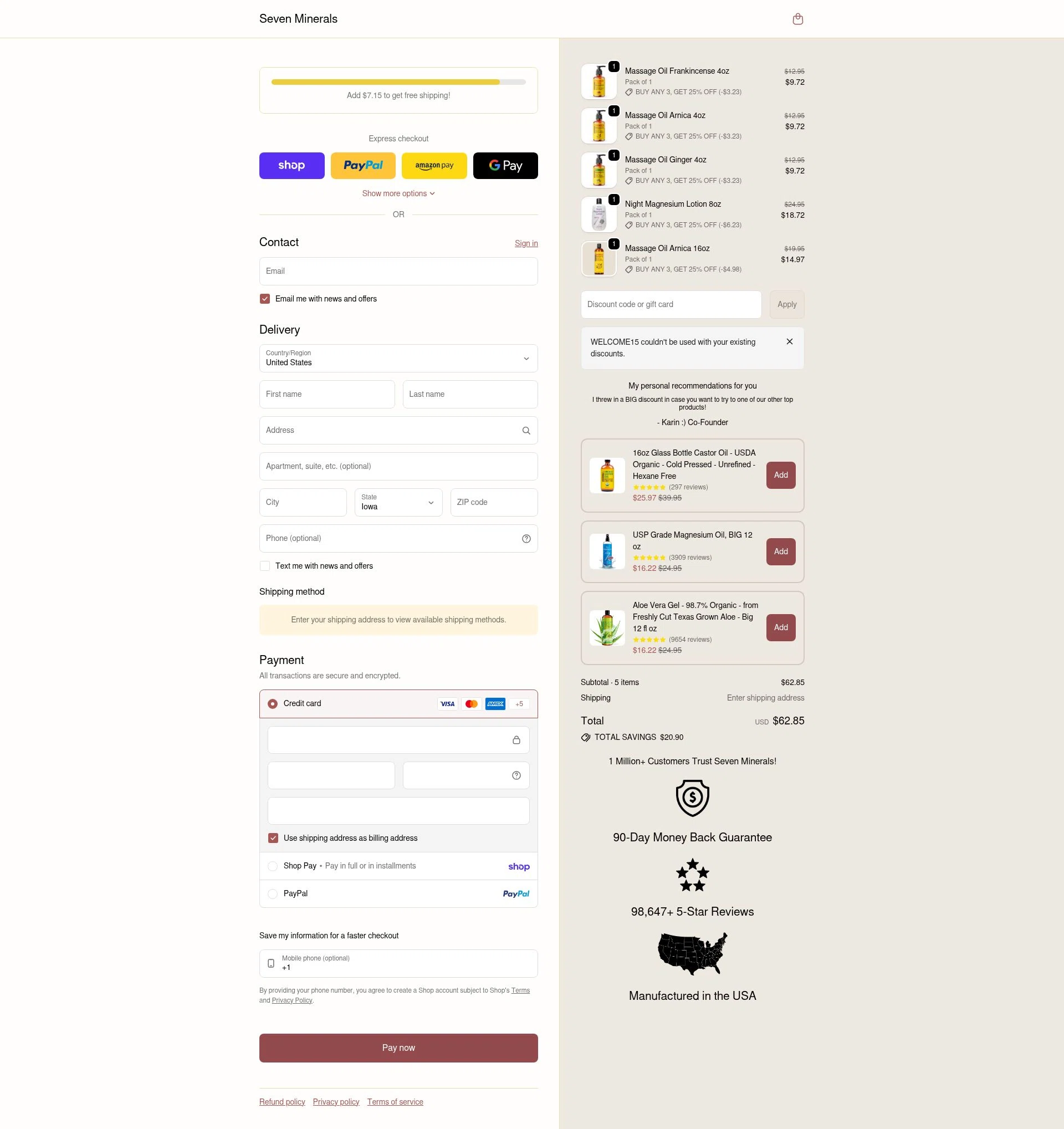Seven Minerals checkout page showing Seven Minerals discount code box | Screenshot taken by SimplyCodes community member on Jan 31, 2026