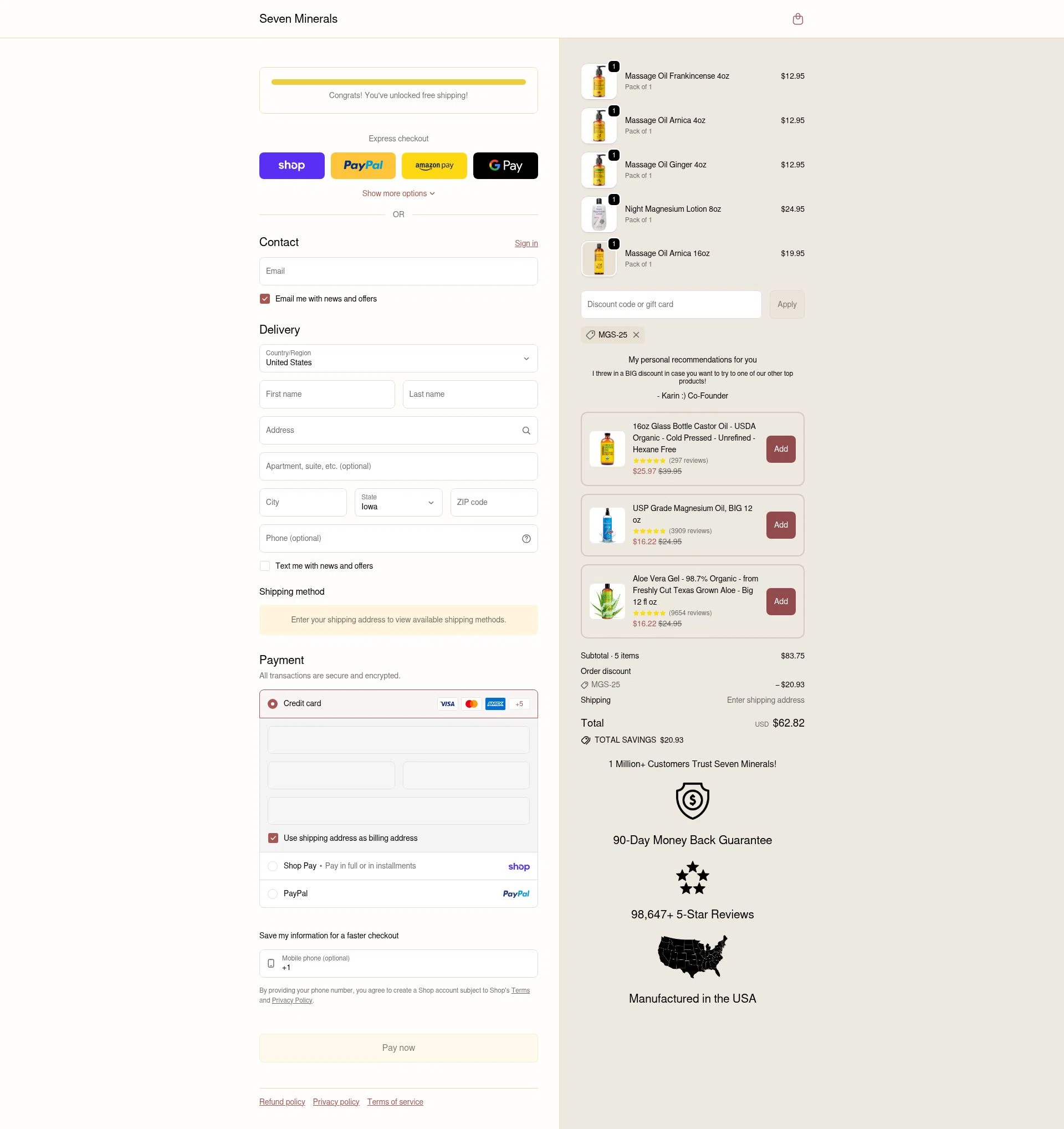 Seven Minerals checkout page showing Seven Minerals discount code box | Screenshot taken by SimplyCodes community member on Jan 31, 2026