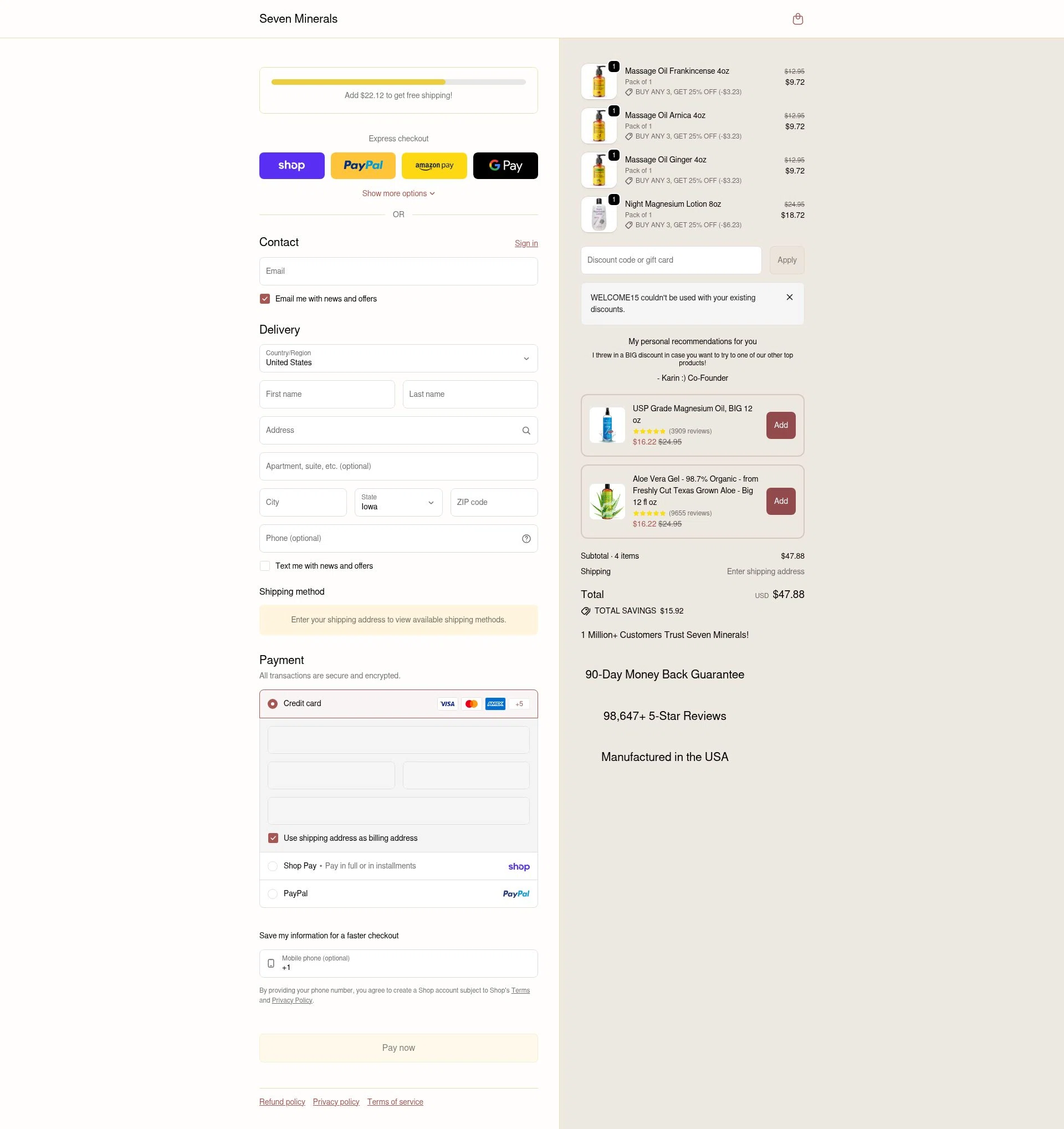 Seven Minerals checkout page showing Seven Minerals discount code box | Screenshot taken by SimplyCodes community member on Feb 4, 2026