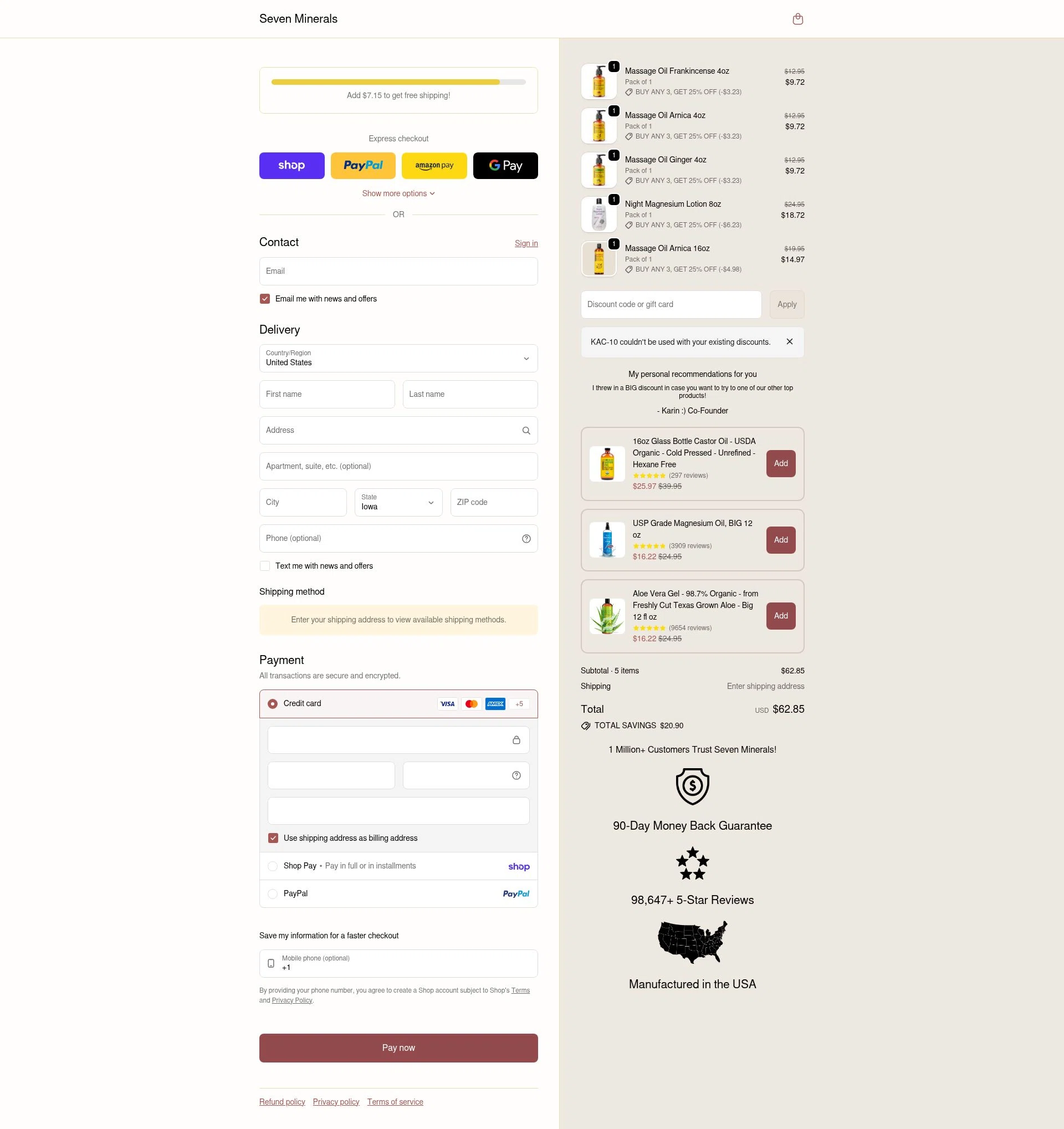 Seven Minerals checkout page showing Seven Minerals discount code box | Screenshot taken by SimplyCodes community member on Jan 31, 2026