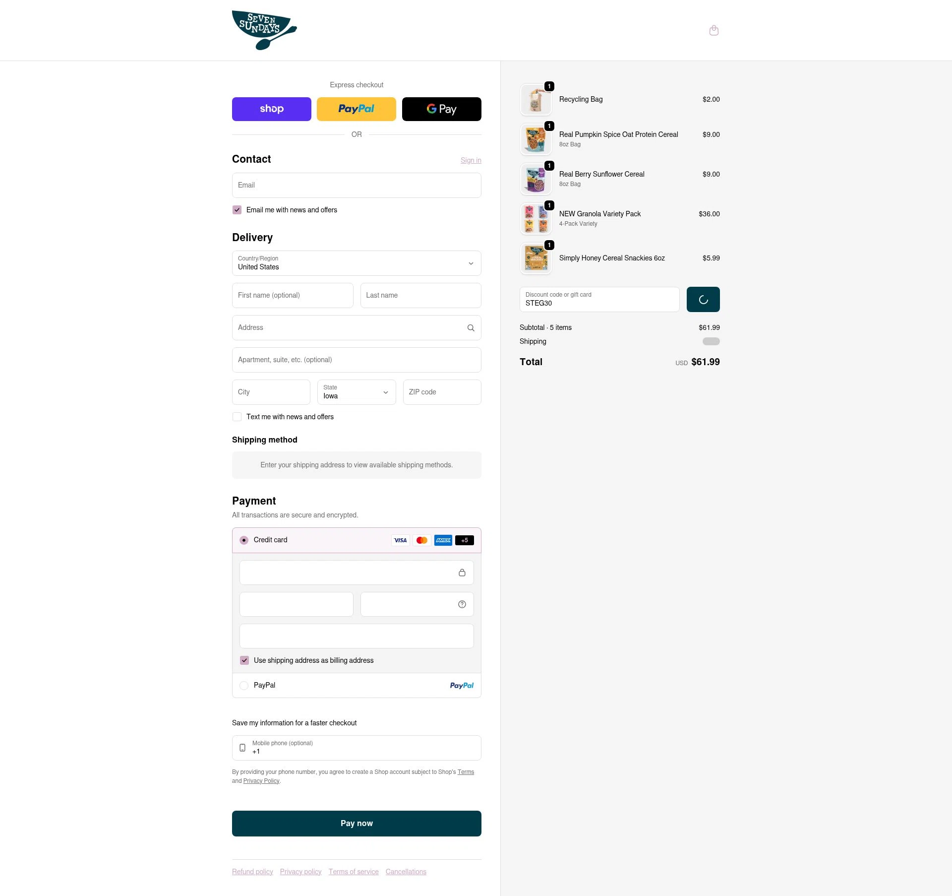 Seven Sundays checkout page showing Seven Sundays coupon code box | Screenshot taken by SimplyCodes community member on Feb 4, 2026