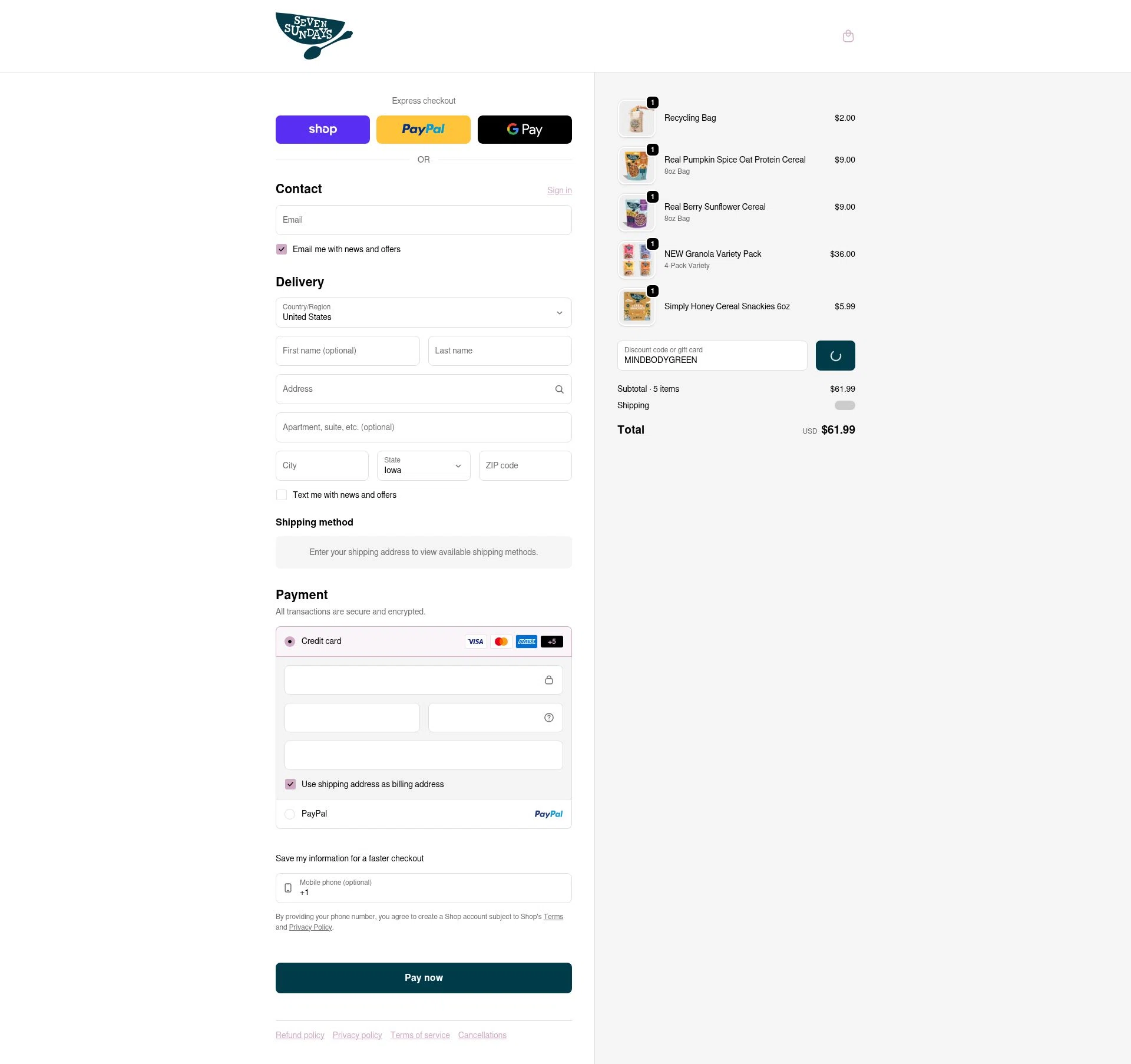 Seven Sundays checkout page showing Seven Sundays coupon code box | Screenshot taken by SimplyCodes community member on Feb 4, 2026
