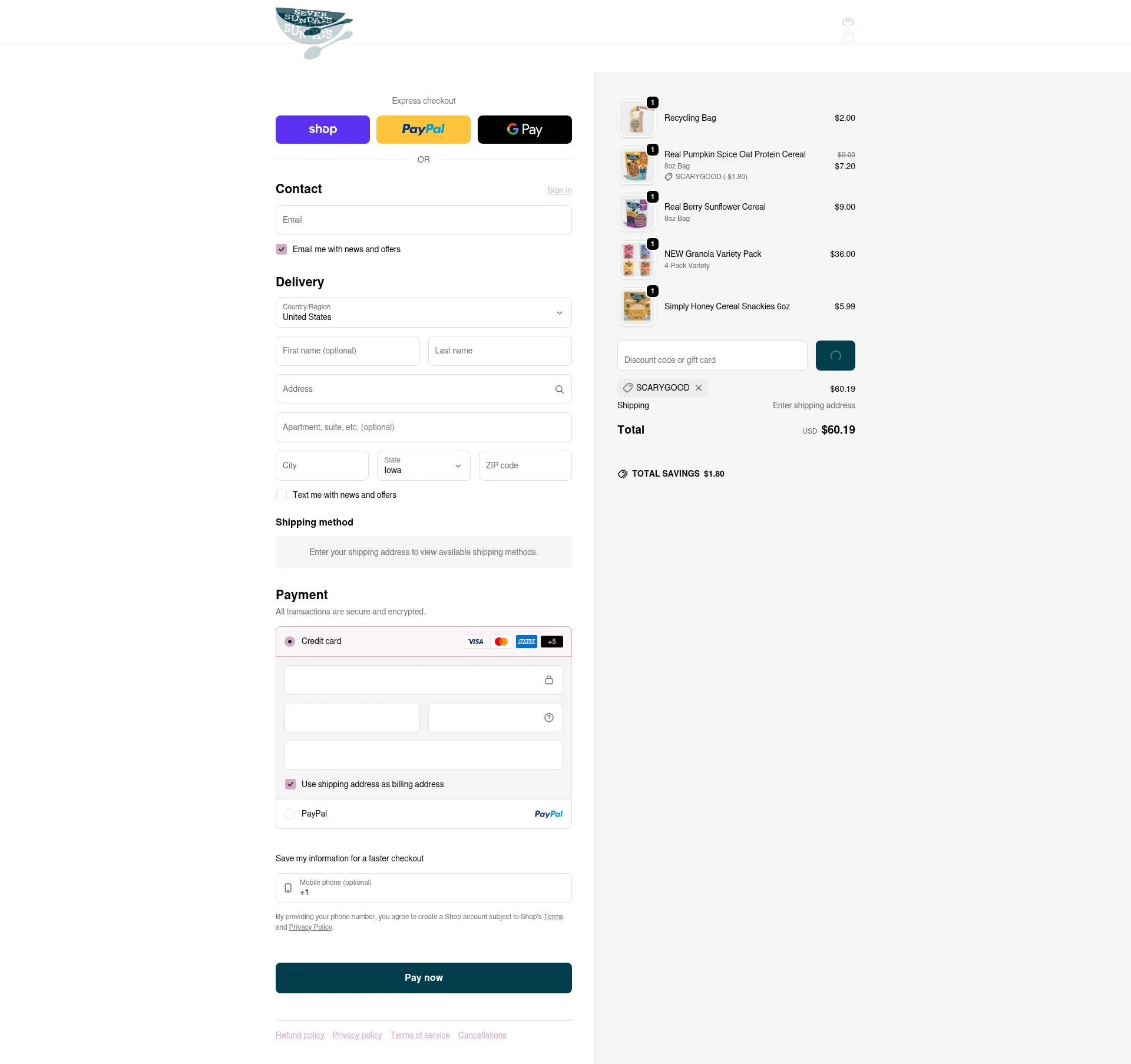 Seven Sundays checkout page showing Seven Sundays coupon code box | Screenshot taken by SimplyCodes community member on Feb 4, 2026