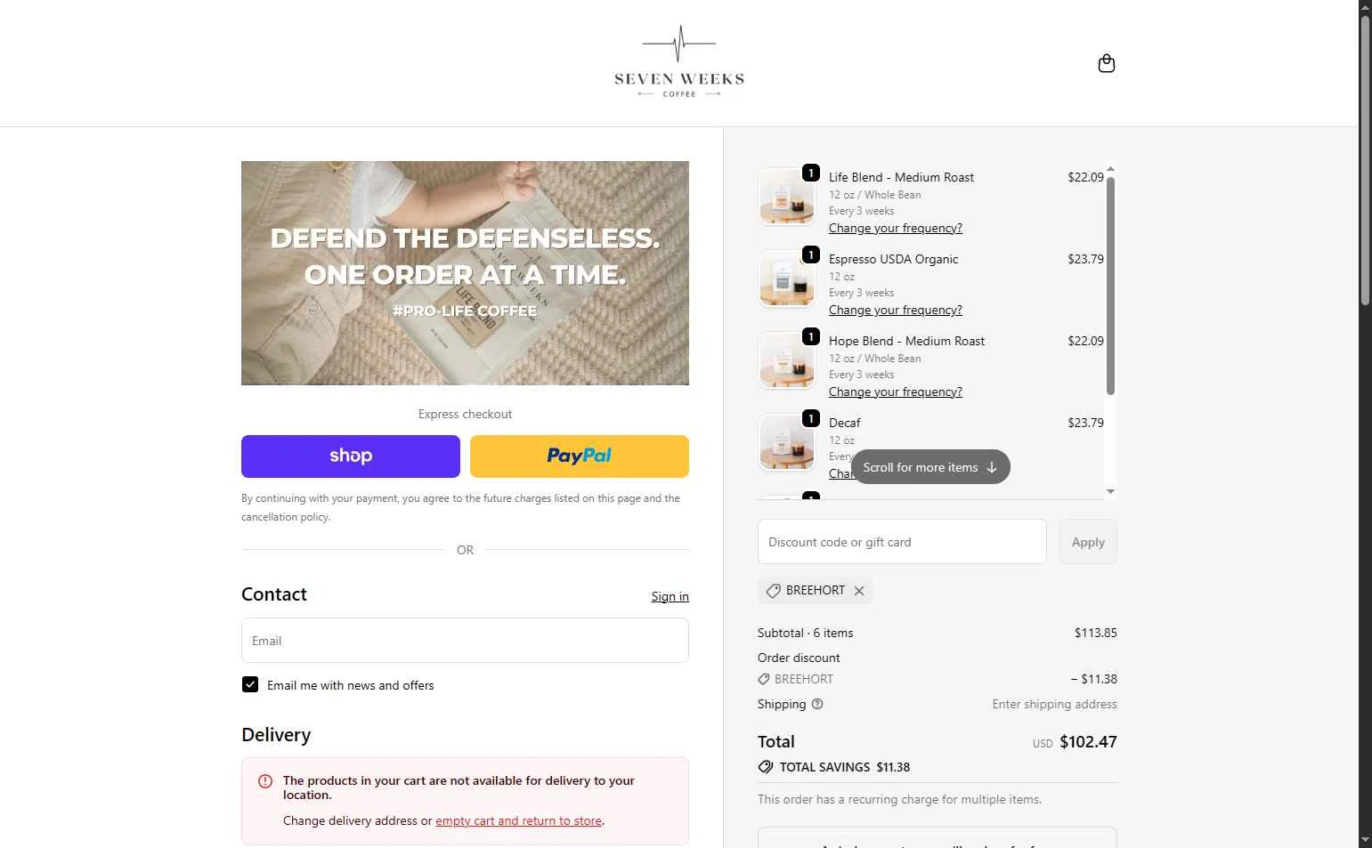 Seven Weeks Coffee checkout page showing Seven Weeks Coffee promo code box | Screenshot taken by SimplyCodes community member on Feb 4, 2026