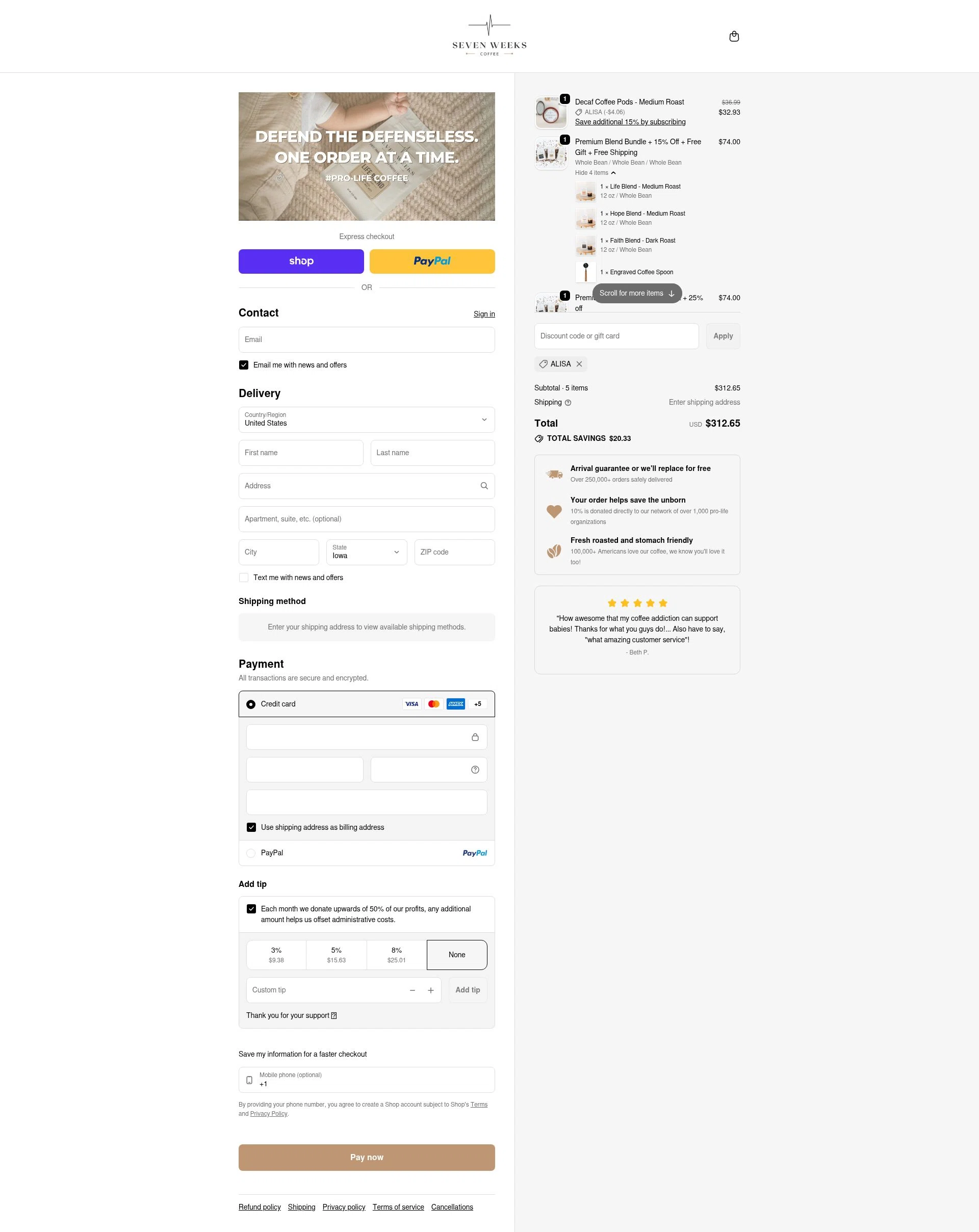 Seven Weeks Coffee checkout page showing Seven Weeks Coffee promo code box | Screenshot taken by SimplyCodes community member on Feb 4, 2026