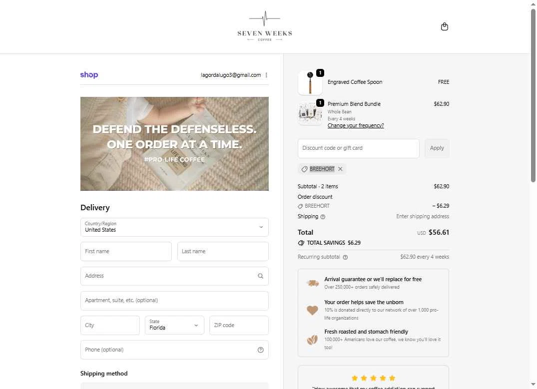 Seven Weeks Coffee checkout page showing Seven Weeks Coffee promo code box | Screenshot taken by SimplyCodes community member on Feb 4, 2026