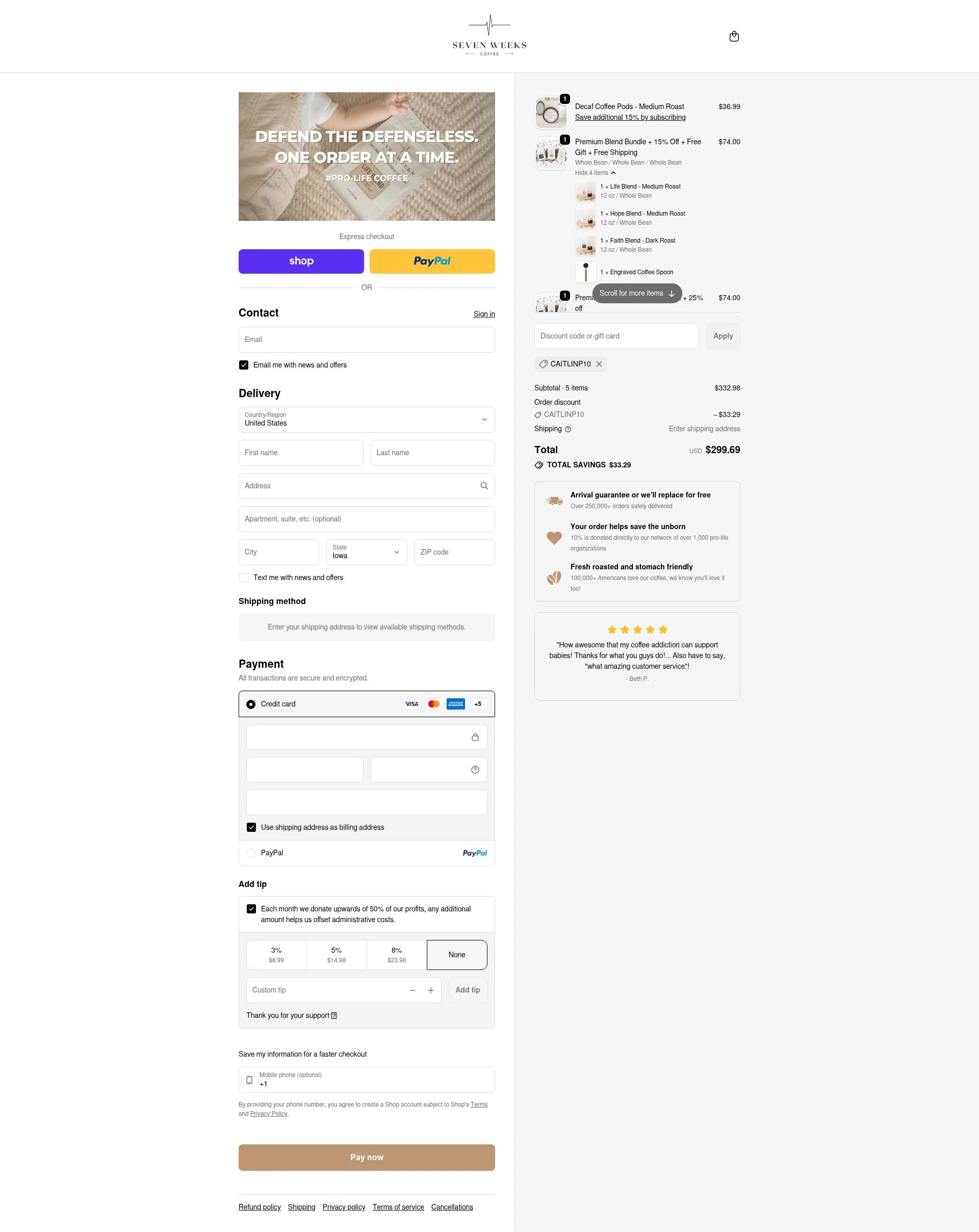 Seven Weeks Coffee checkout page showing Seven Weeks Coffee promo code box | Screenshot taken by SimplyCodes community member on Feb 4, 2026