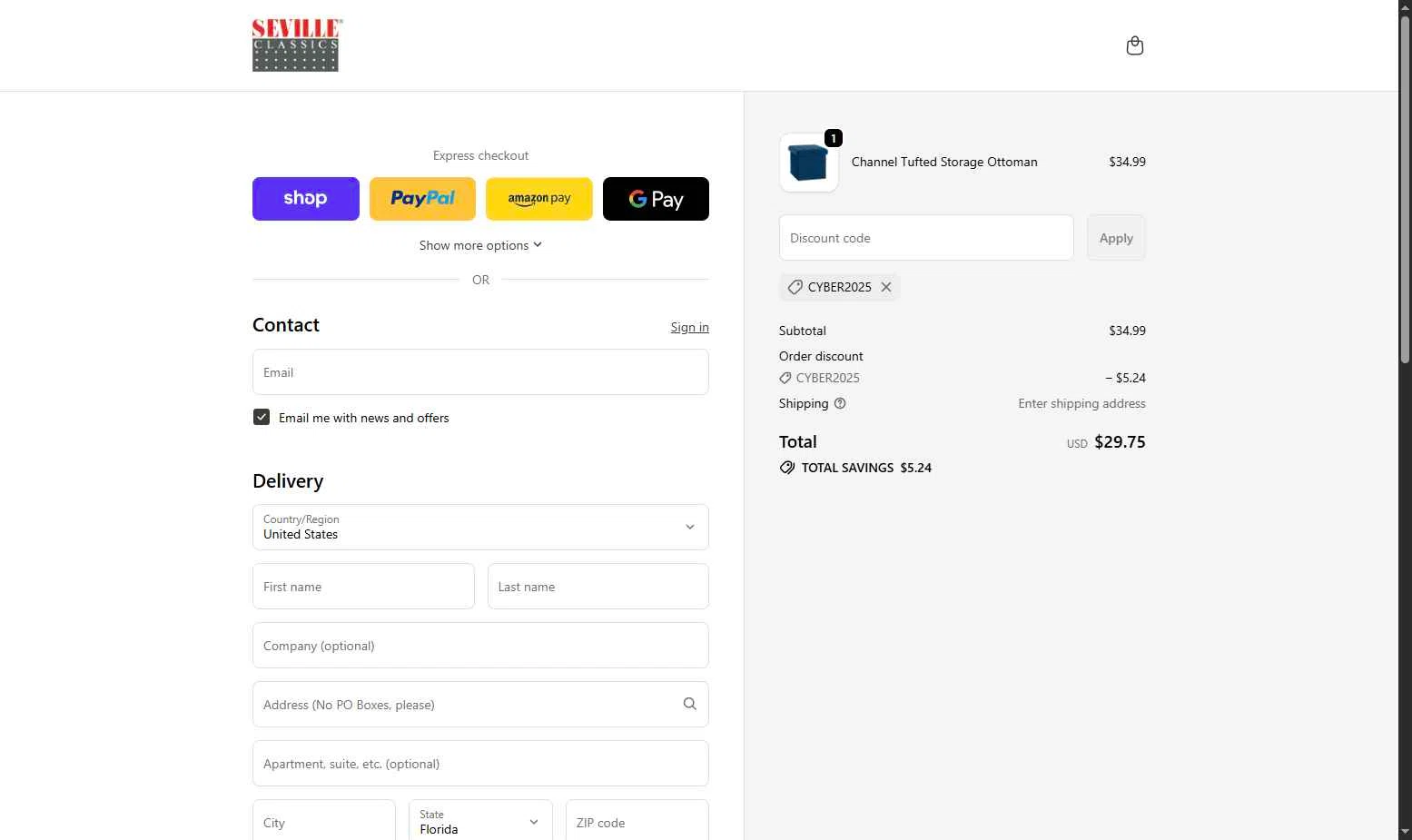 Seville Classics checkout page showing Seville Classics promo code box | Screenshot taken by SimplyCodes community member on Dec 1, 2025