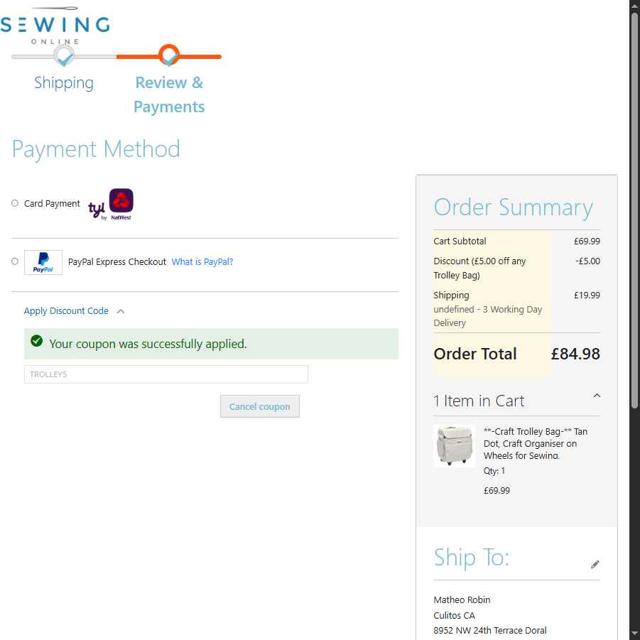 Sewing Online checkout page showing Sewing Online discount code box | Screenshot taken by SimplyCodes community member on Jun 12, 2025