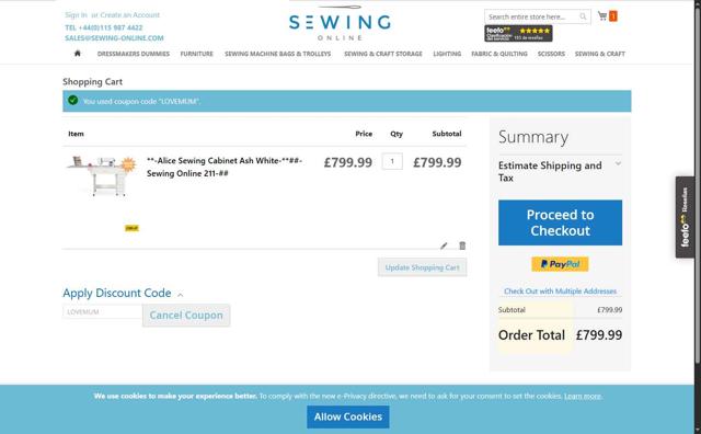 Sewing Online checkout page showing Sewing Online discount code box | Screenshot taken by SimplyCodes community member on Jul 20, 2025