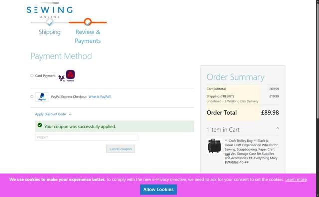 Sewing Online checkout page showing Sewing Online discount code box | Screenshot taken by SimplyCodes community member on Jun 21, 2025