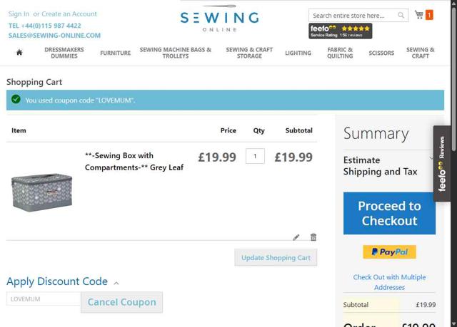 Sewing Online checkout page showing Sewing Online discount code box | Screenshot taken by SimplyCodes community member on Jul 20, 2025