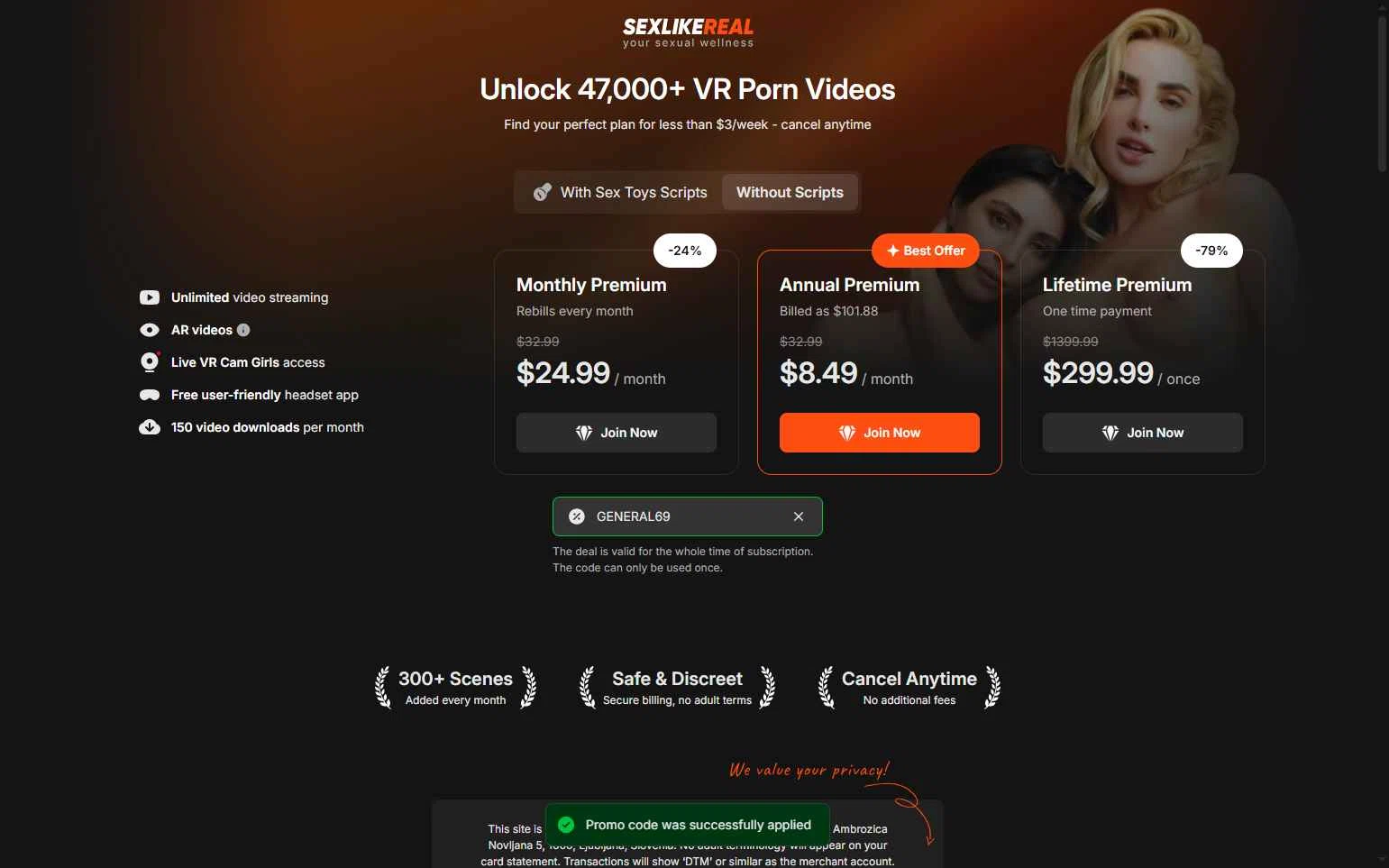 SexLikeReal checkout page showing SexLikeReal promo code box | Screenshot taken by SimplyCodes community member on Oct 15, 2025
