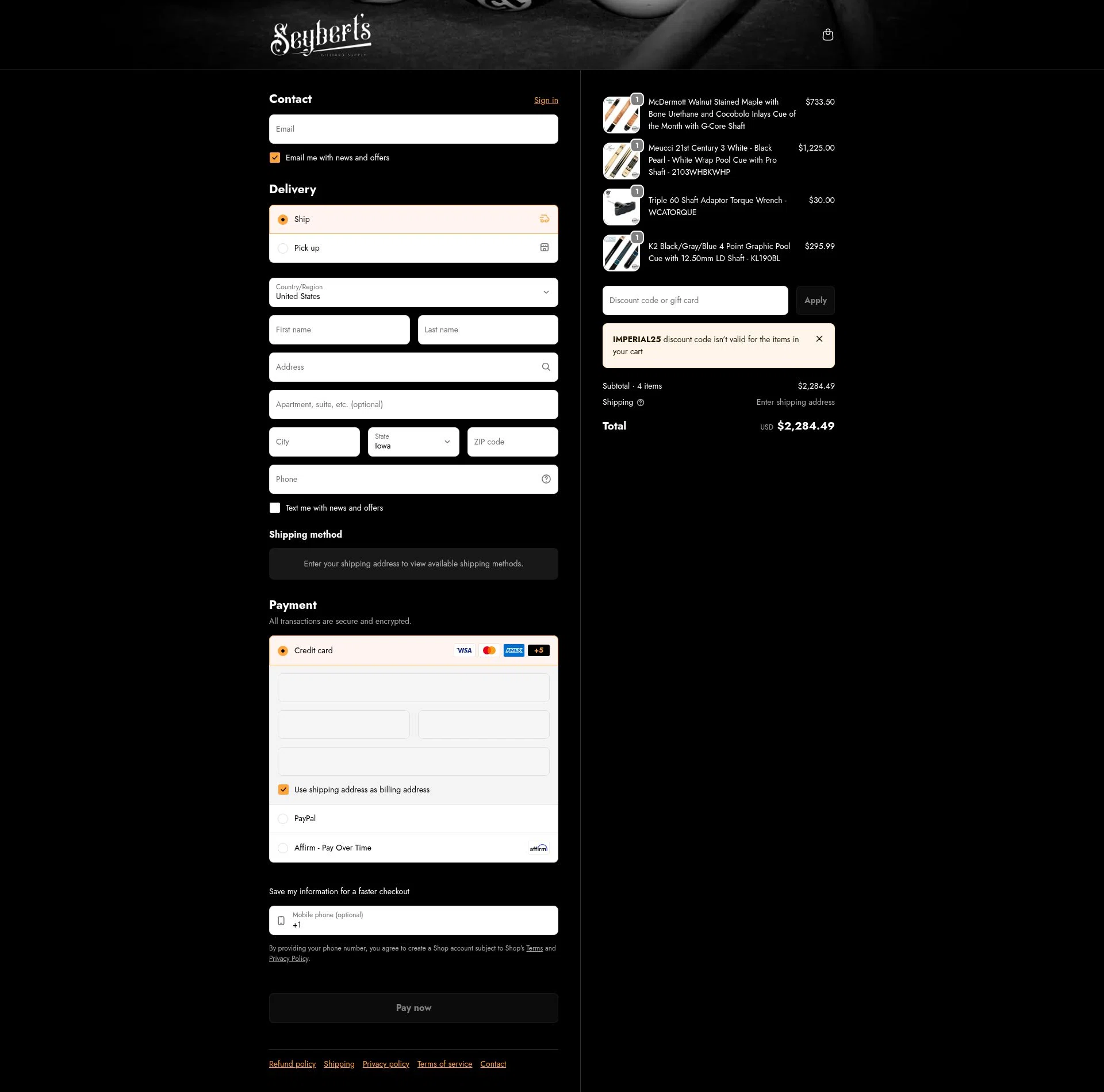 Seybert's checkout page showing Seybert's discount code box | Screenshot taken by SimplyCodes community member on Feb 20, 2026