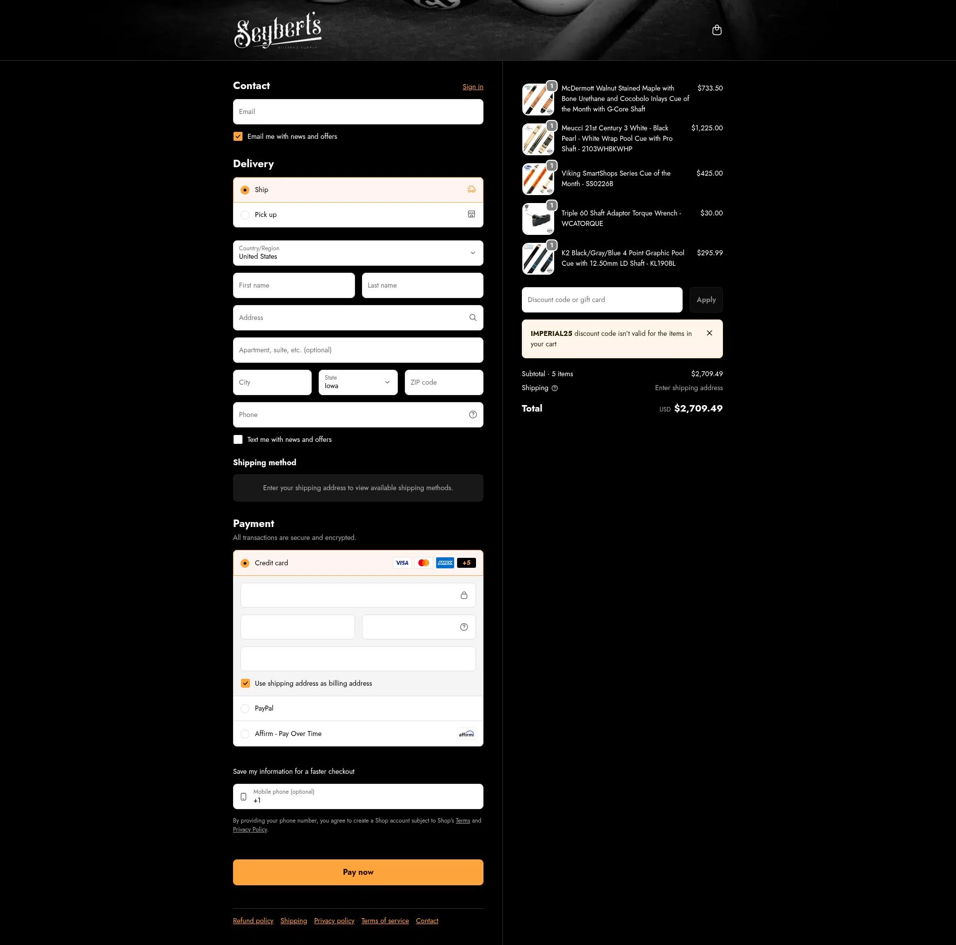 Seybert's checkout page showing Seybert's discount code box | Screenshot taken by SimplyCodes community member on Feb 11, 2026