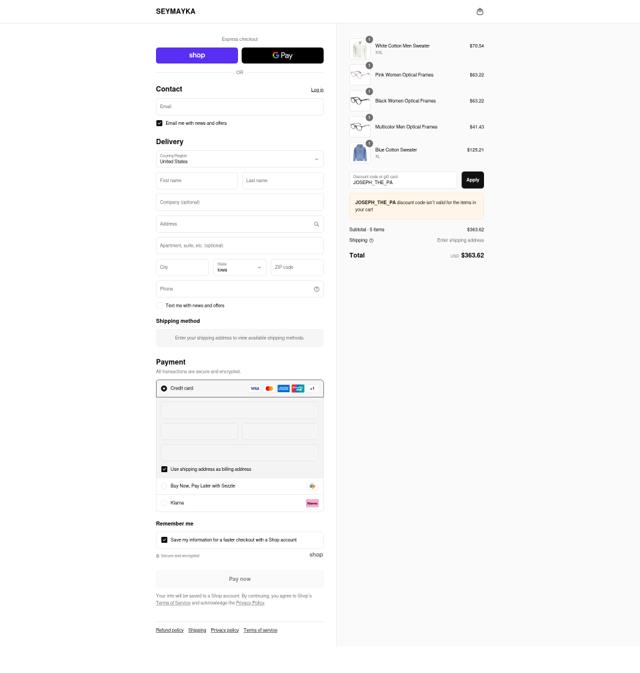 SEYMAYKA checkout page showing SEYMAYKA discount code box | Screenshot taken by SimplyCodes community member on Sep 7, 2025
