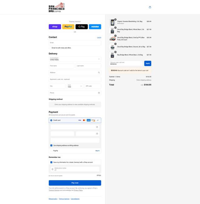 SF Bay Coffee checkout page showing SF Bay Coffee discount code box | Screenshot taken by SimplyCodes community member on Sep 4, 2025