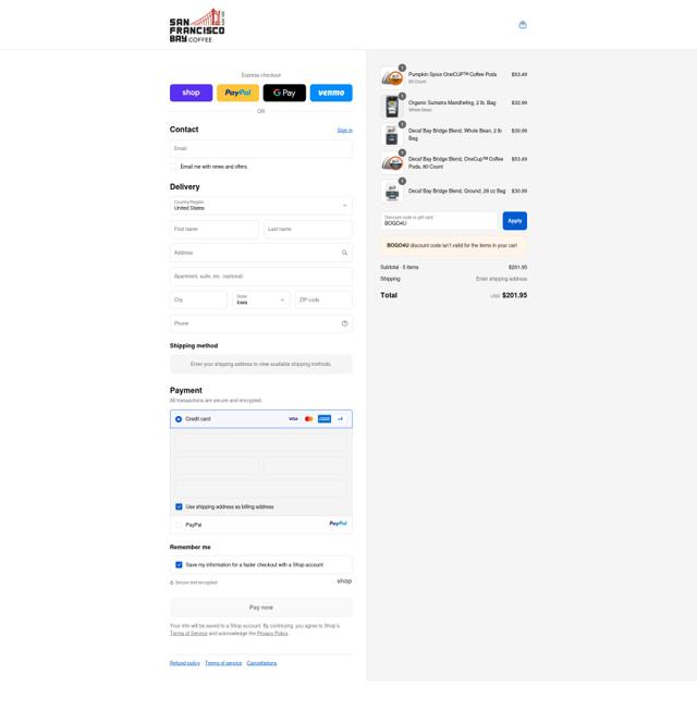SF Bay Coffee checkout page showing SF Bay Coffee discount code box | Screenshot taken by SimplyCodes community member on Sep 12, 2025