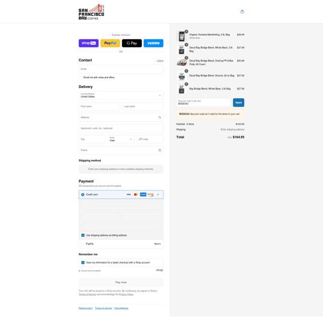 SF Bay Coffee checkout page showing SF Bay Coffee discount code box | Screenshot taken by SimplyCodes community member on Aug 13, 2025