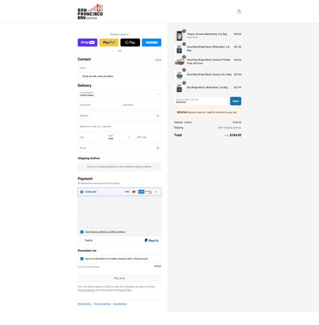 SF Bay Coffee checkout page showing SF Bay Coffee discount code box | Screenshot taken by SimplyCodes community member on Aug 9, 2025